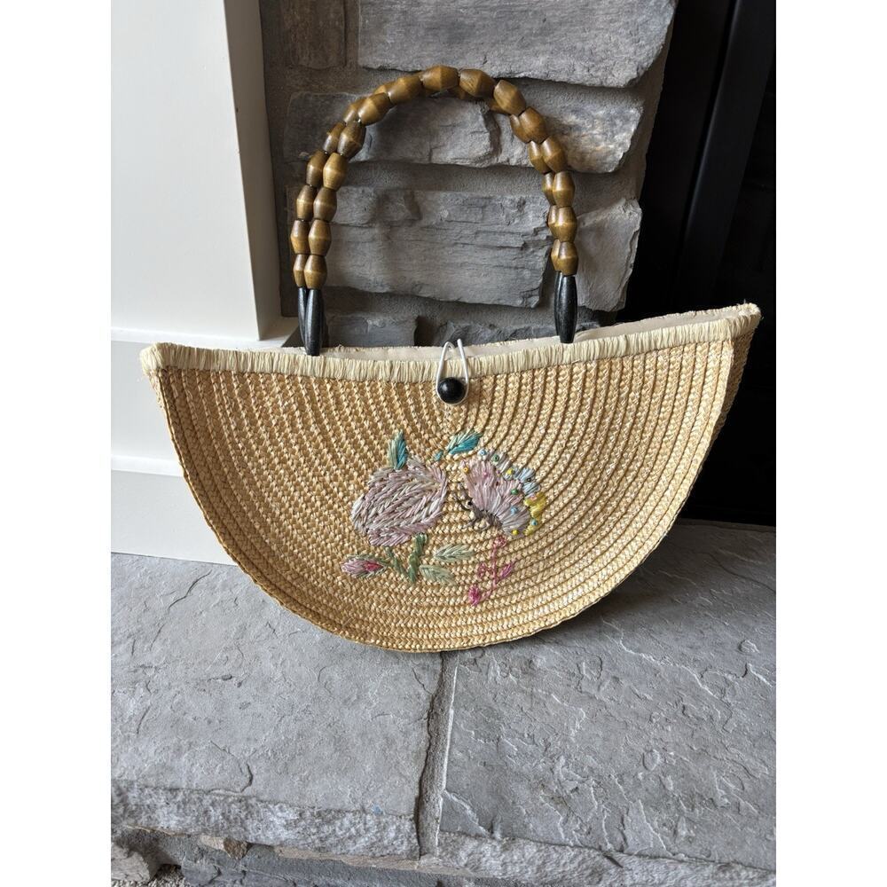 Boho Half Moon Bag Straw Embroidered Floral Prairie Feminine Wooden Handle
